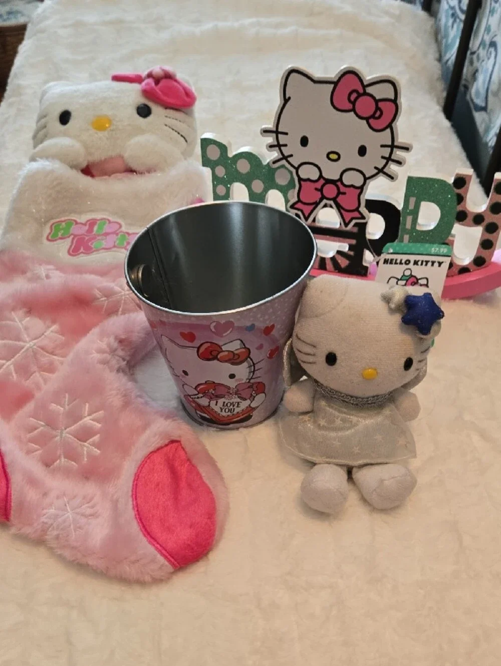 Hello Kitty Pink & White Plush Holiday Stocking with Snowflake Applique